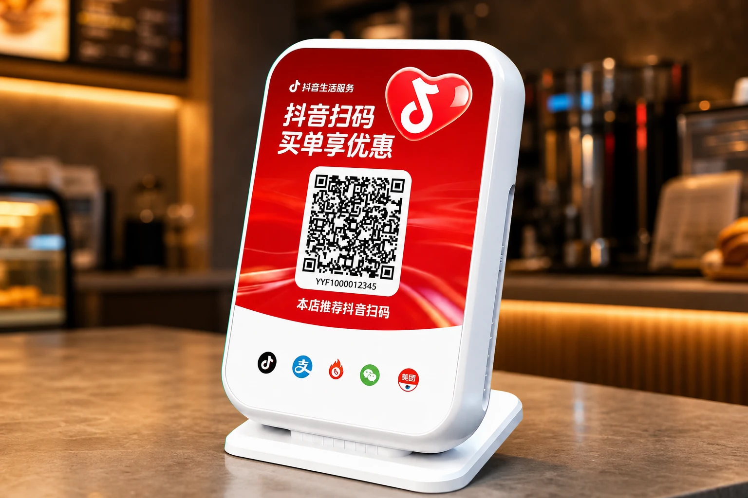 门店收银台上的真实白色台式抖音买单码牌
