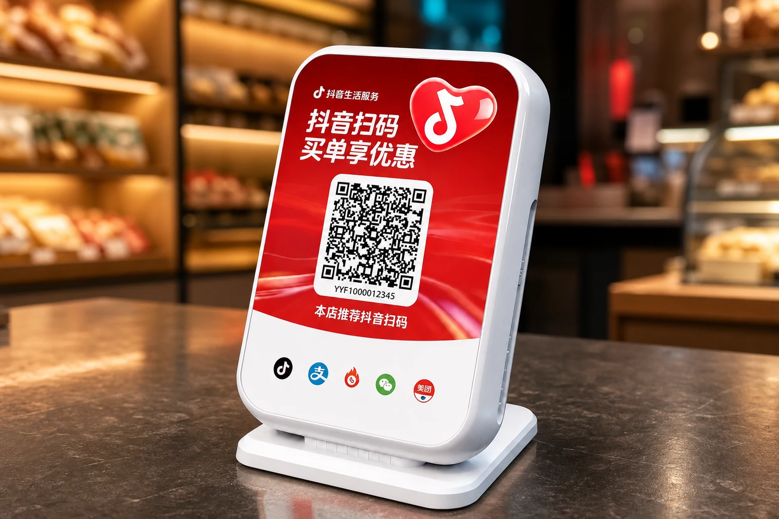 门店收银台上的真实抖音买单台式码牌，红色面板包含抖音扫码文字和二维码